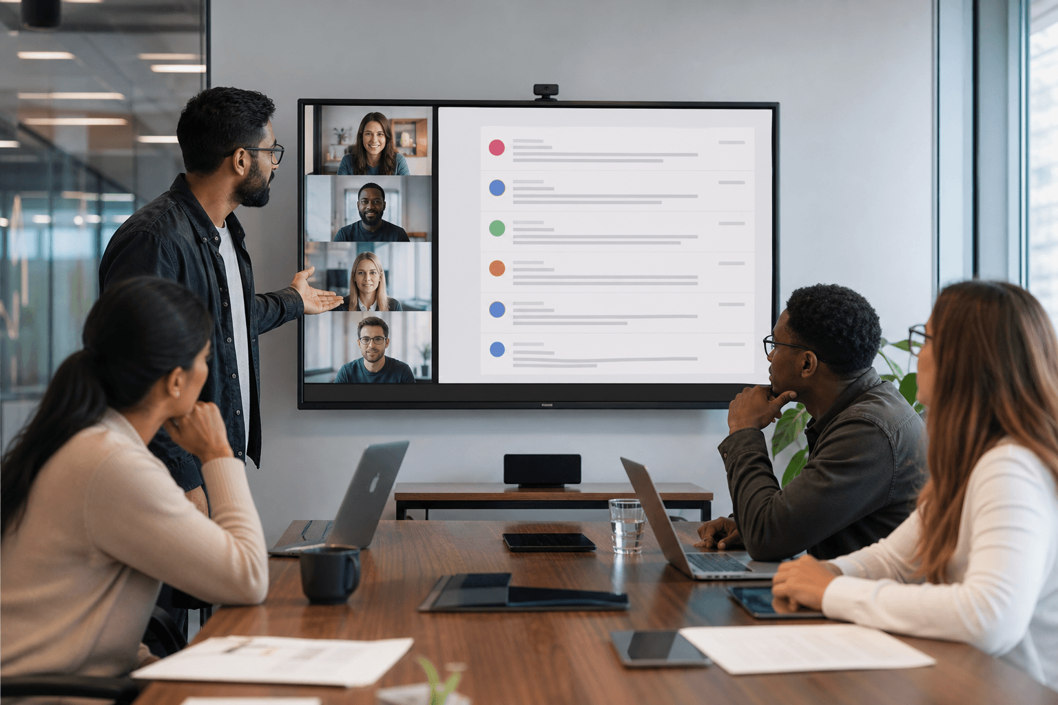 Professional team capturing meeting notes with video to text ai