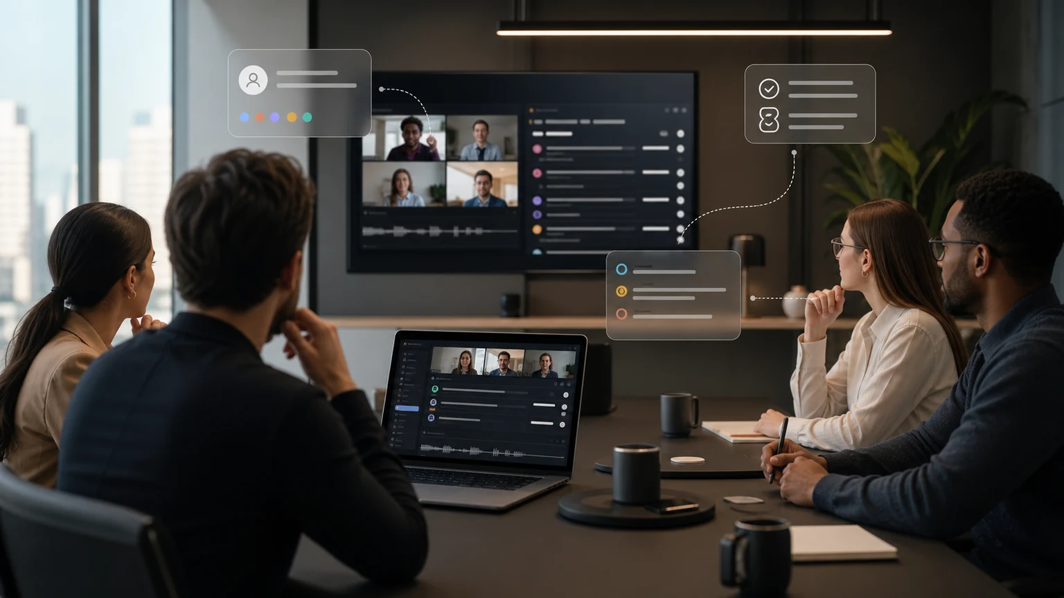 Professional team capturing meeting notes with video to text ai
