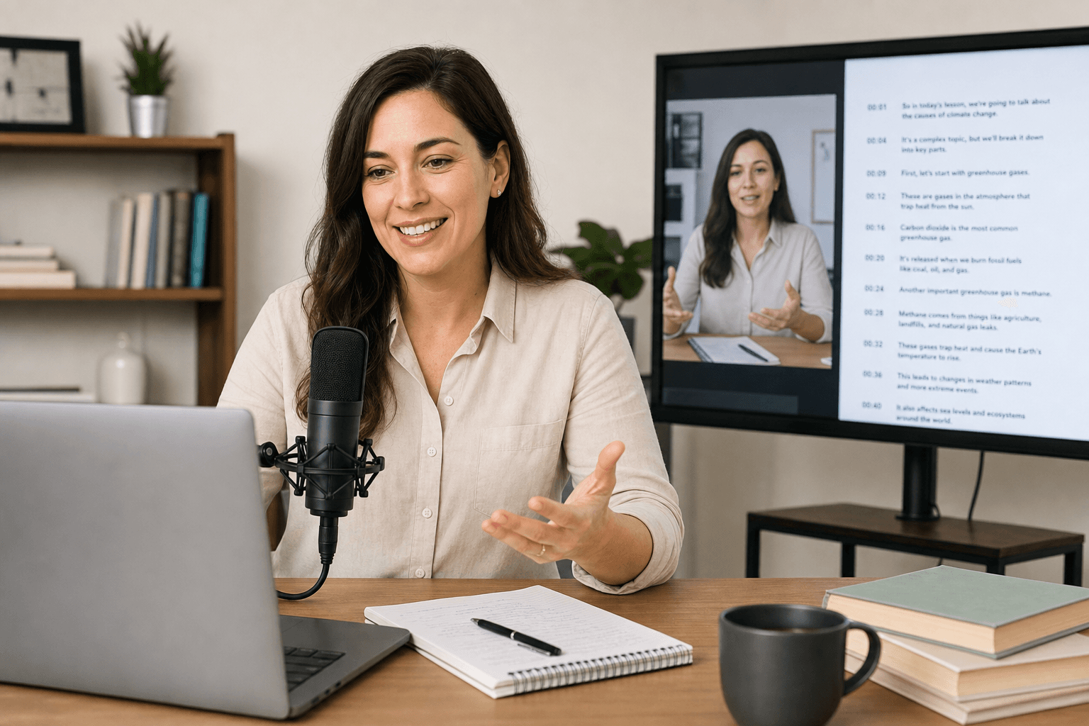 Teacher using video transcript generator for accessible lesson captions
